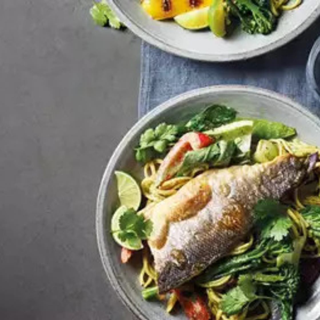 Sea bass with coriander & tahini noodles