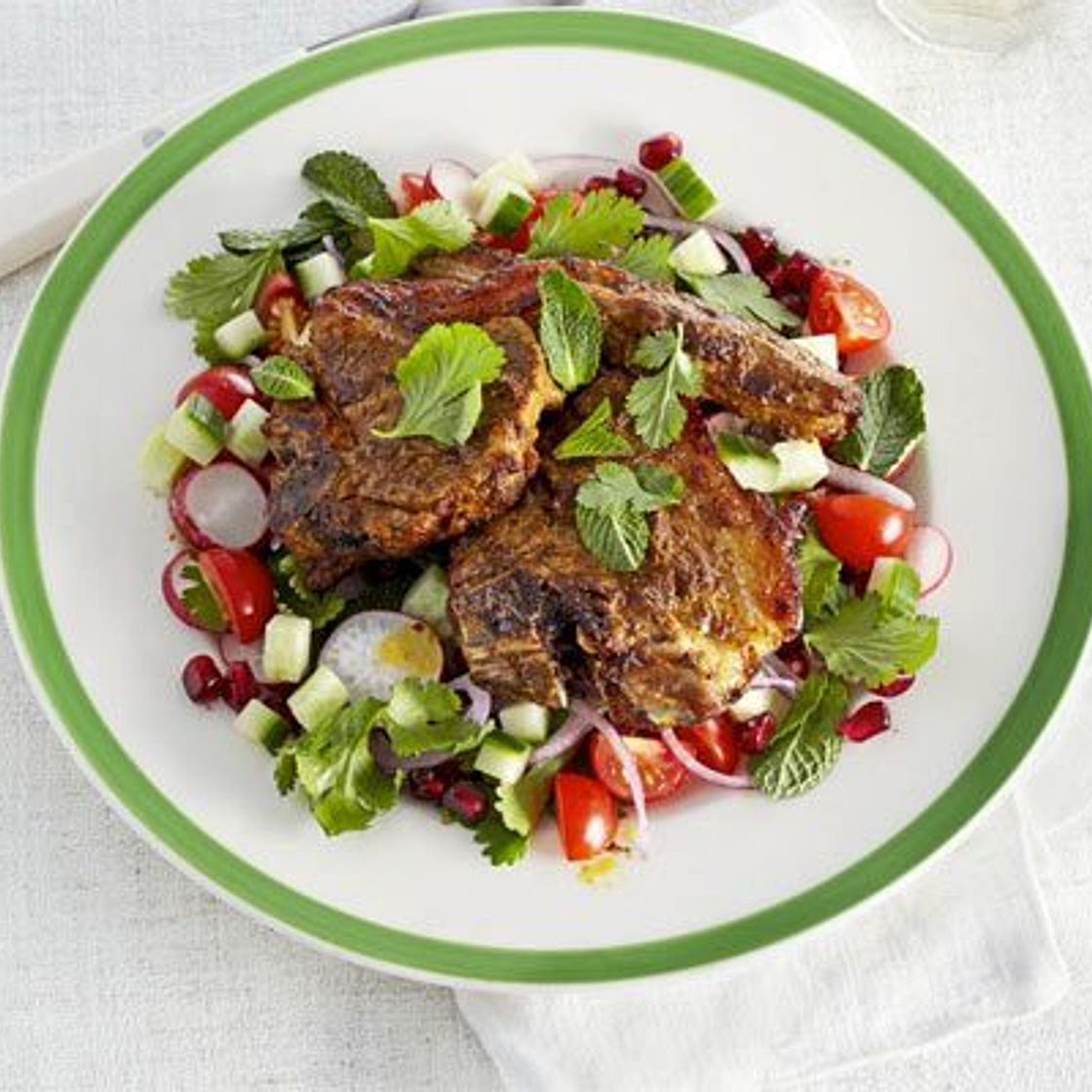 Sizzled masala lamb with chopped salad