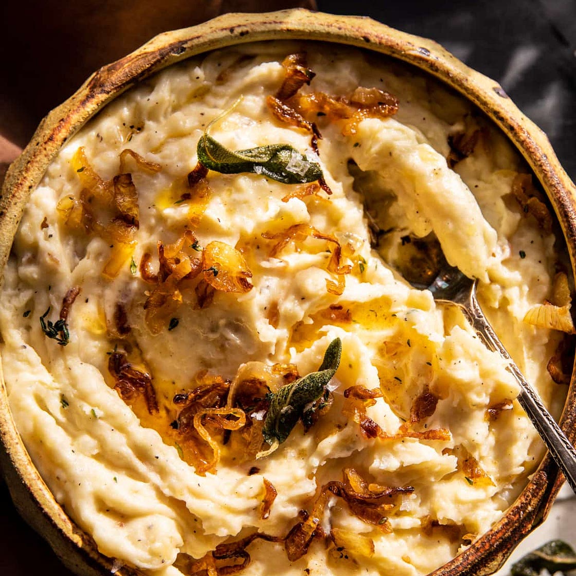 Crockpot Cheesy Mashed Potatoes with Caramelized Onions