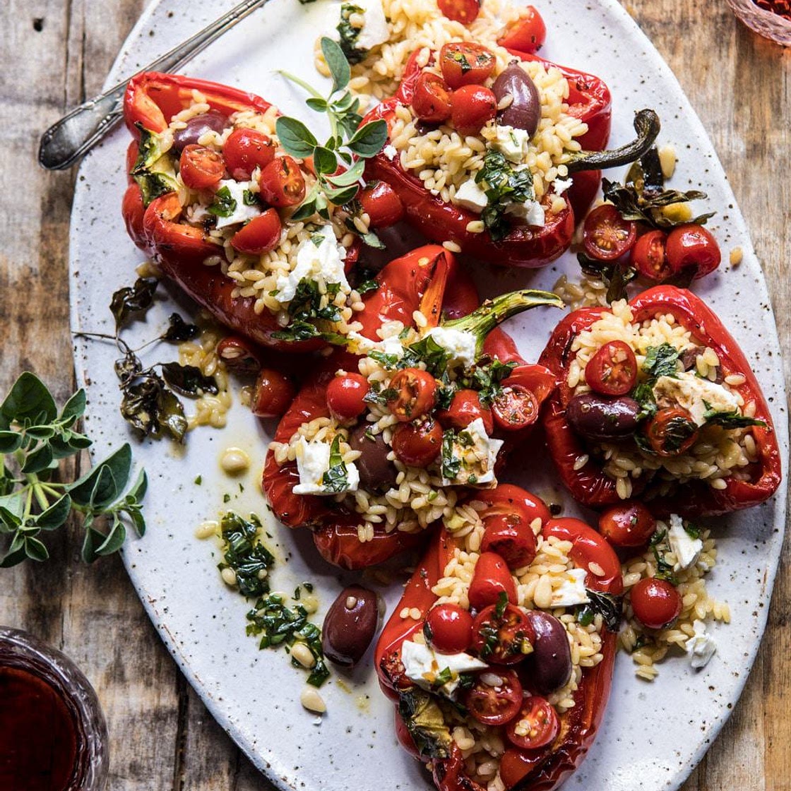 Greek Orzo Stuffed Red Peppers with Lemony Basil Tomatoes