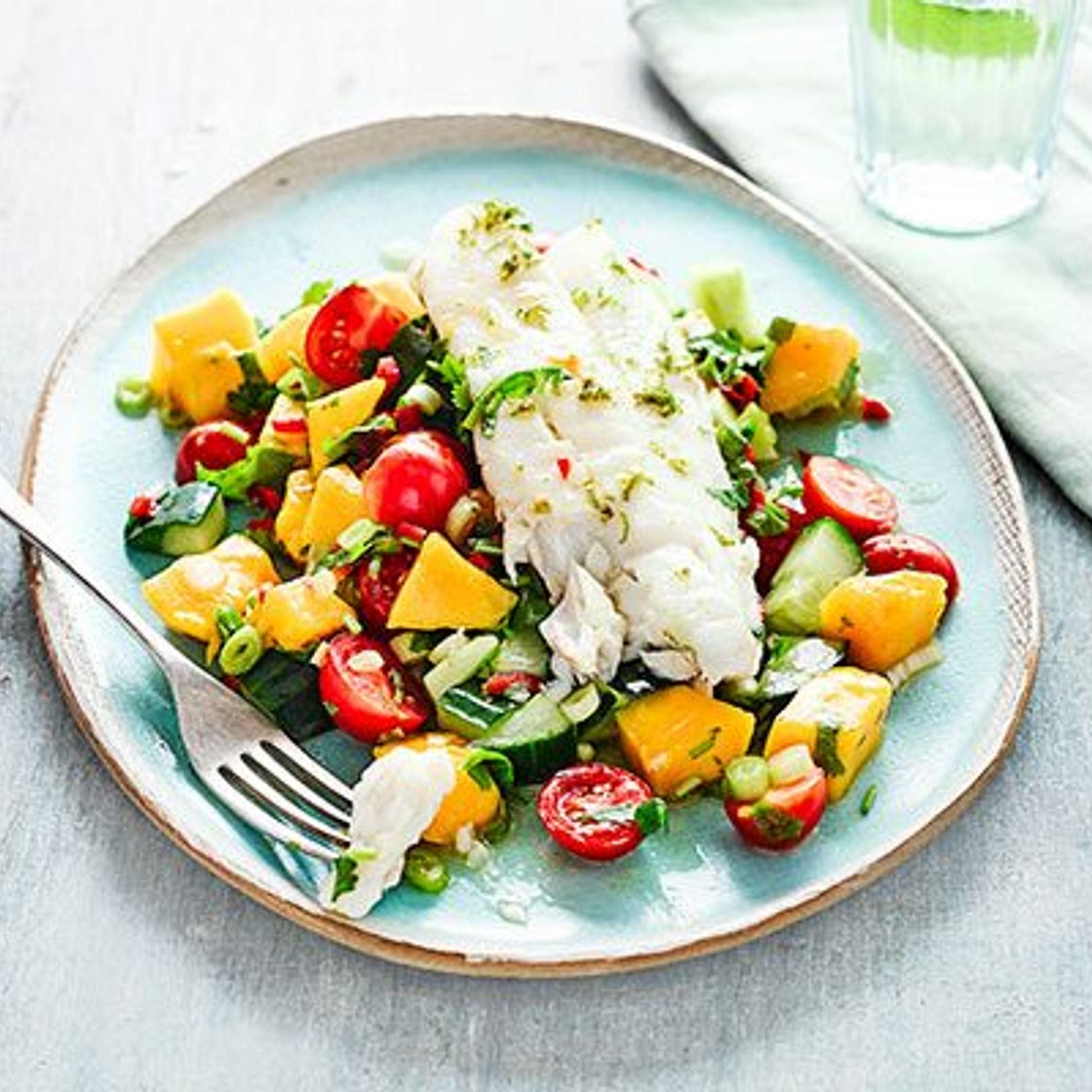 Cod with cucumber, avocado & mango salsa salad