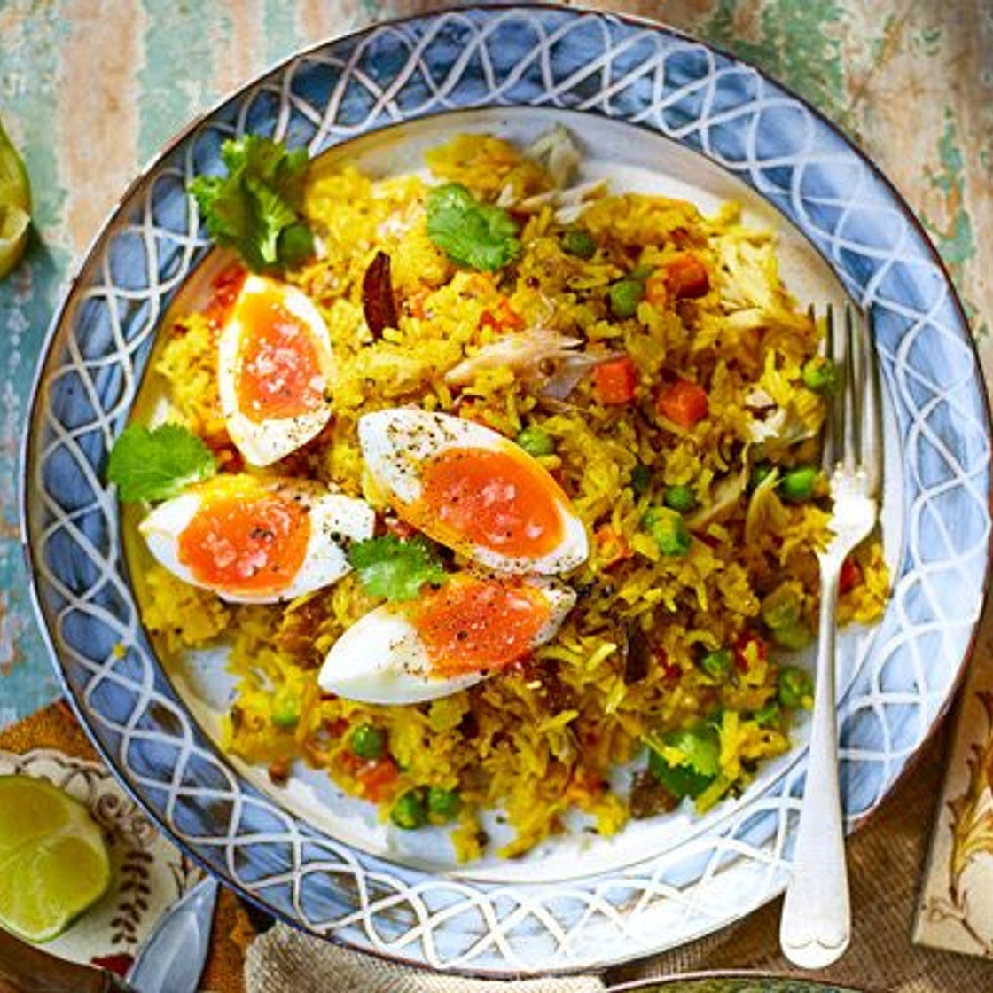 Smoked mackerel kedgeree with soft-boiled eggs