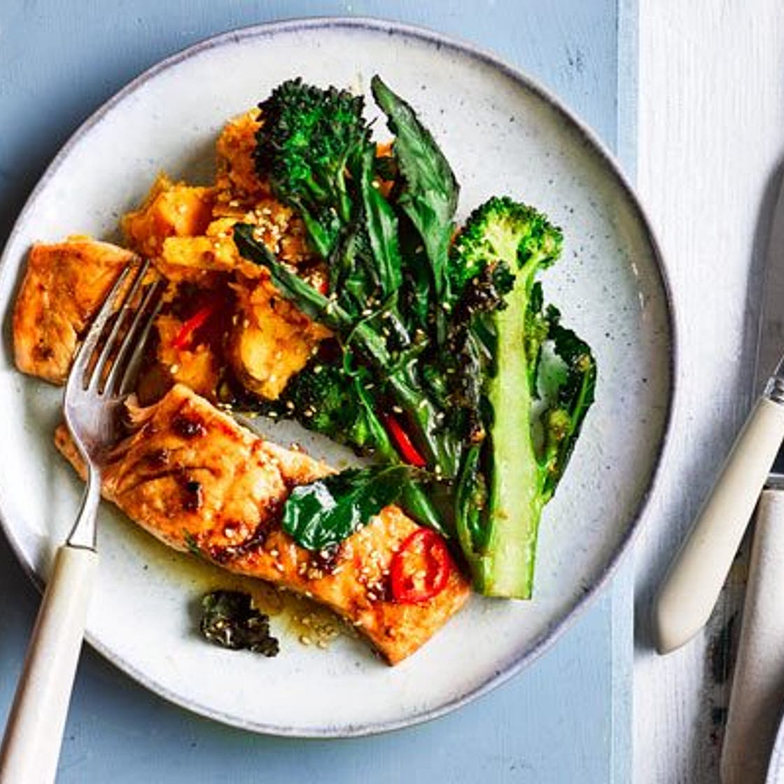 Sesame salmon, purple sprouting broccoli & sweet potato mash