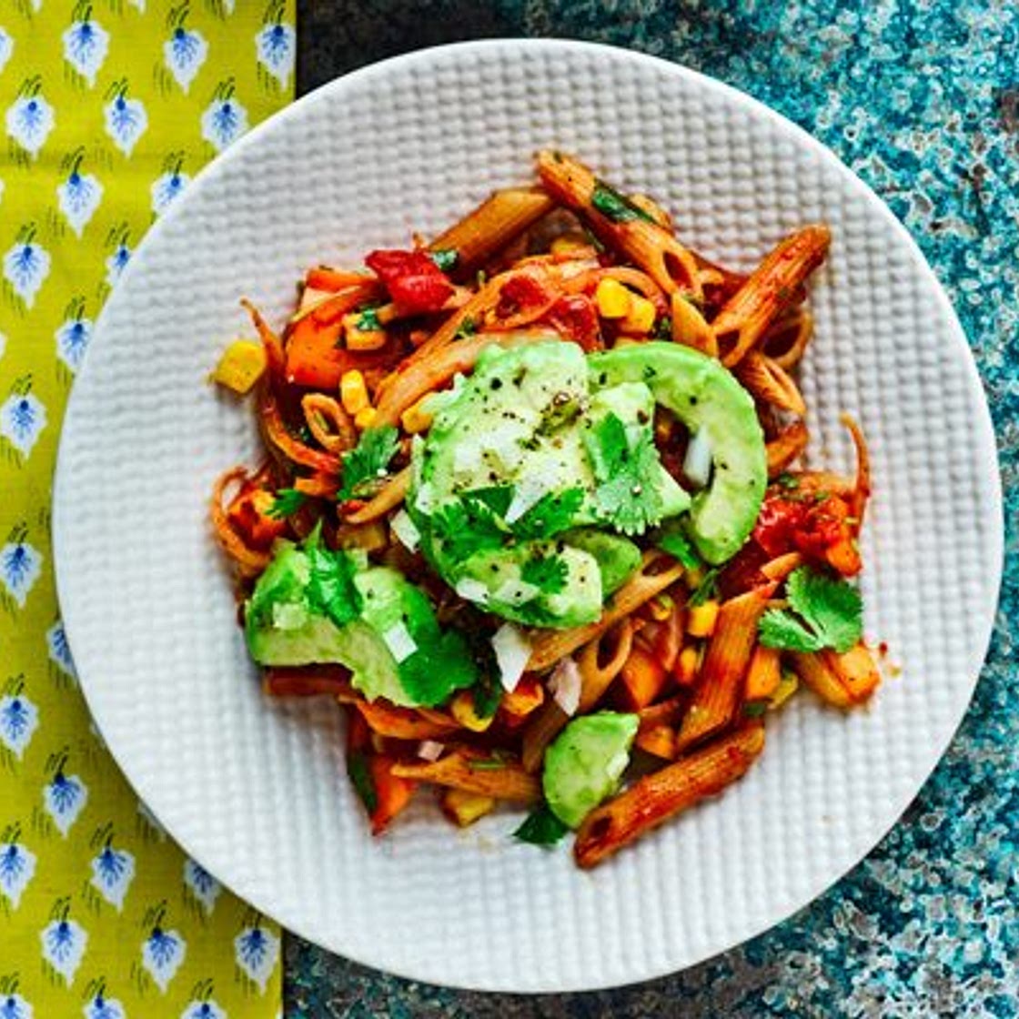 Tomato penne with avocado