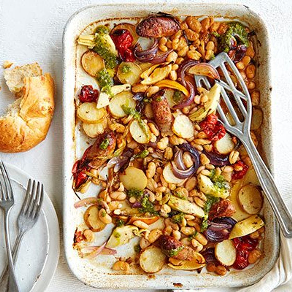 Potato, pesto & sausage traybake