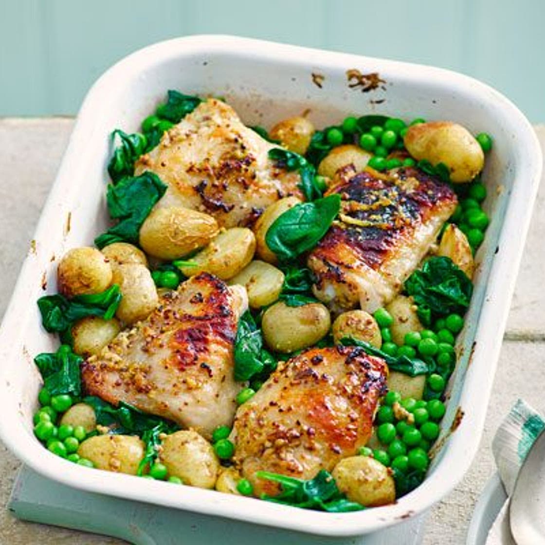 Honey & mustard chicken thighs with spring veg