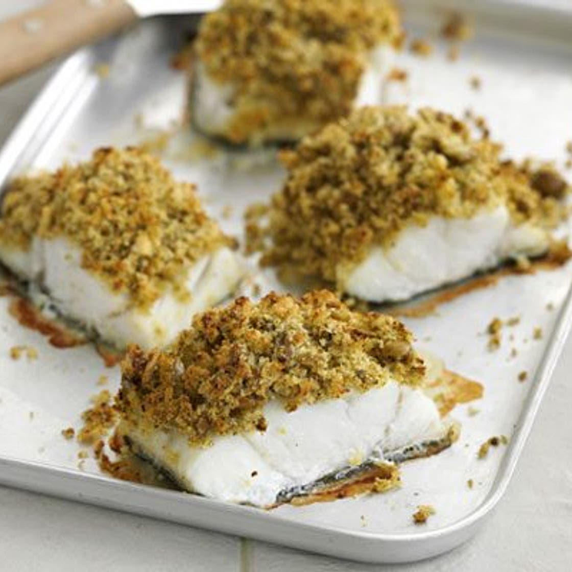Pesto & olive-crusted fish