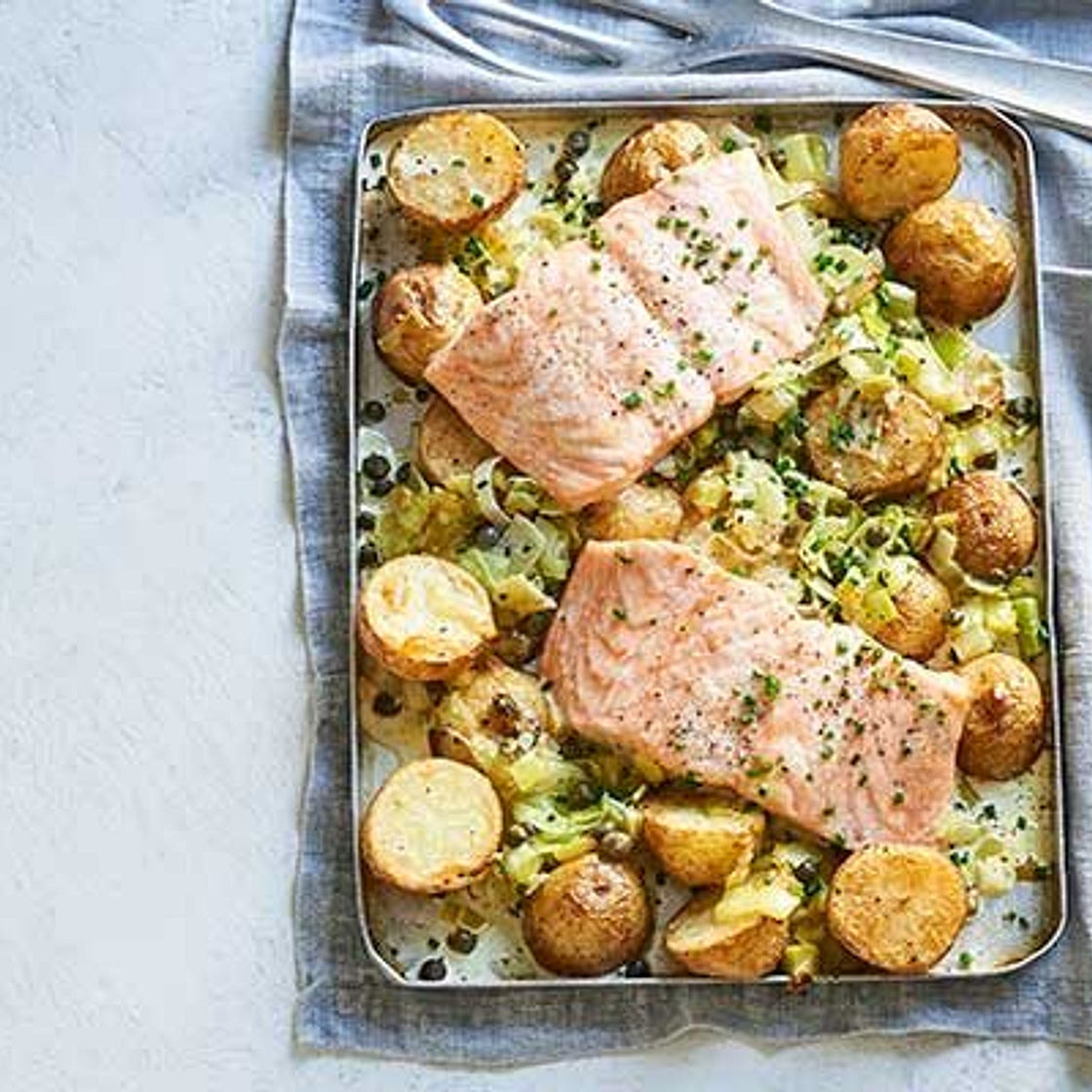 Creamy salmon, leek & potato traybake