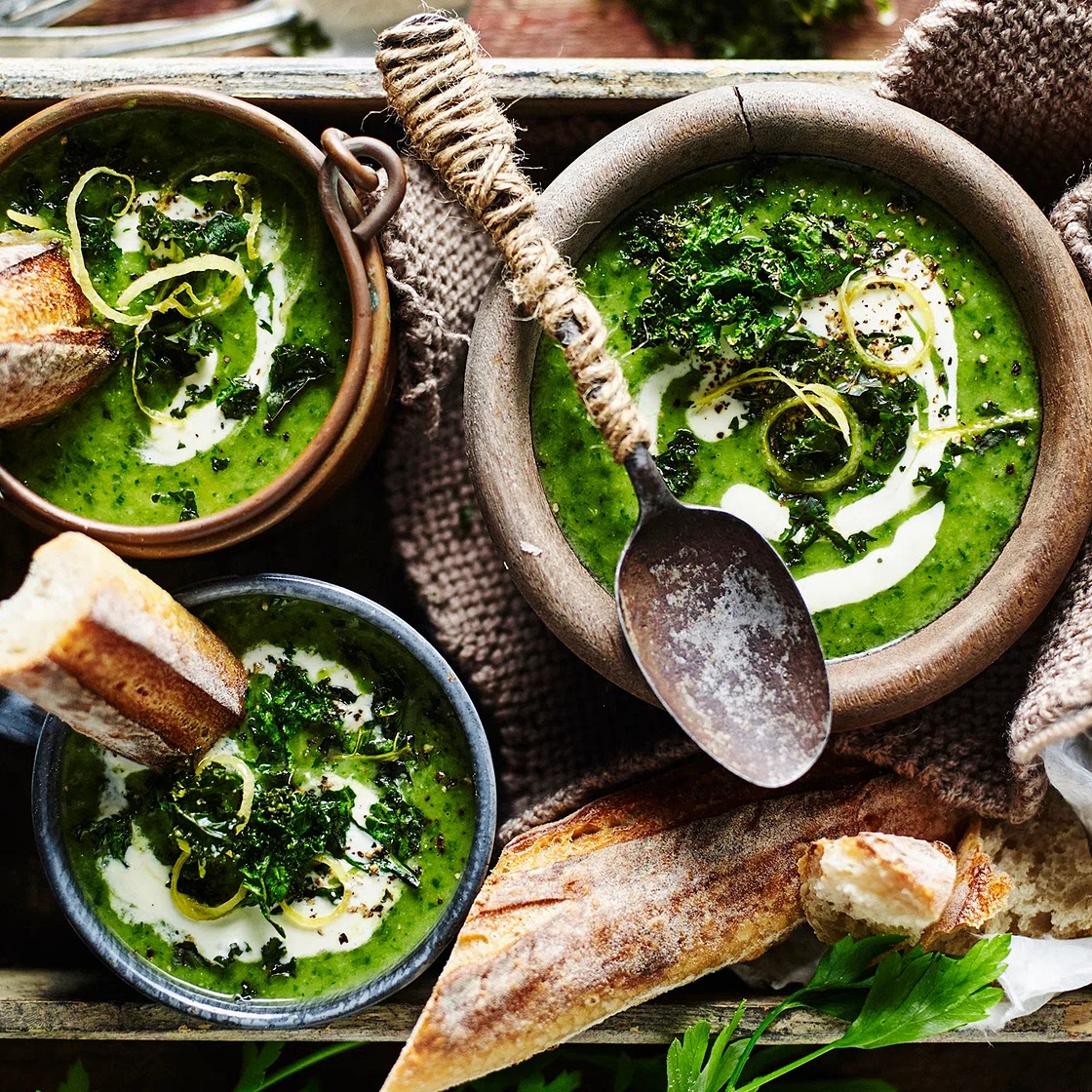 Broccoli and kale soup with lemon creme fraiche