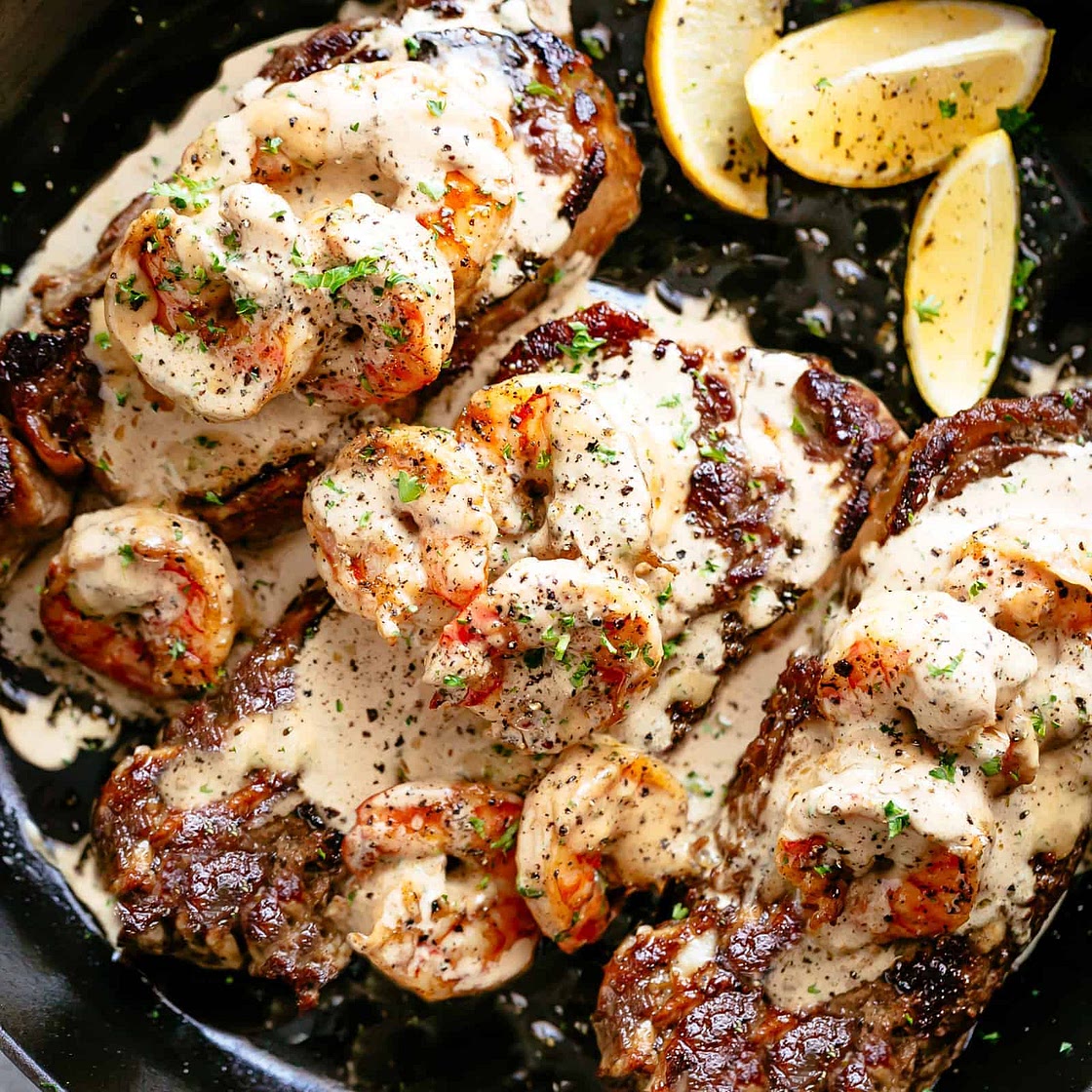 Steak With Creamy Garlic Shrimp
