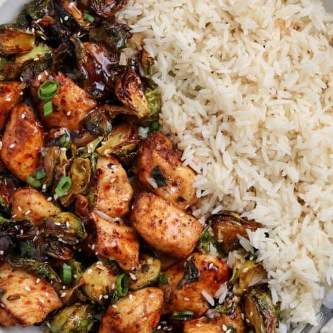 Air Fryer Sweet Chili Chicken and Brussels Sprouts