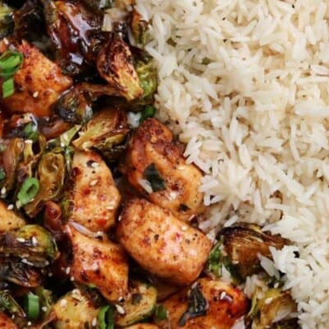 Air Fryer Sweet Chili Chicken and Brussels Sprouts