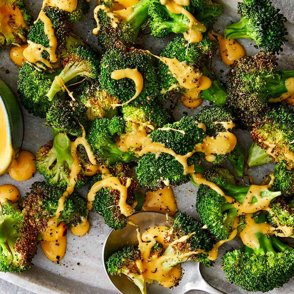 Air-Fryer Roasted Broccoli with Cheese Sauce