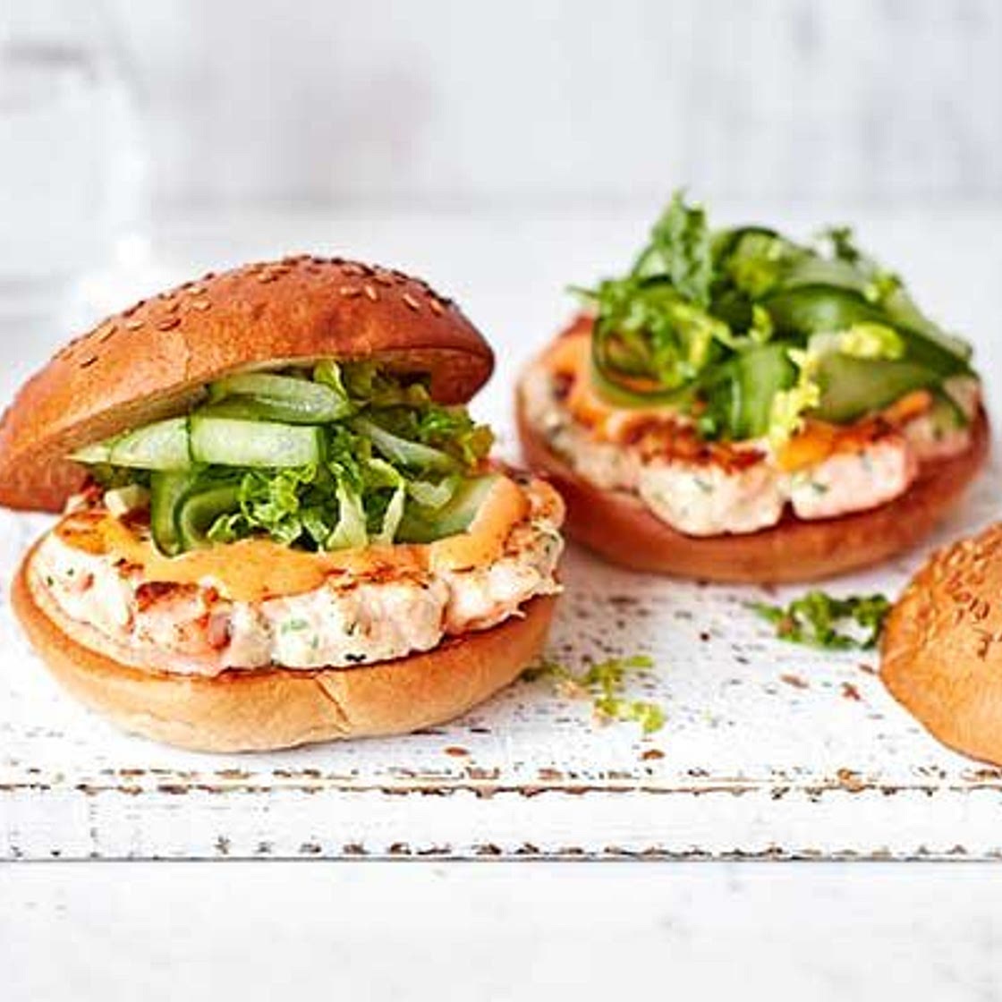 Prawn & salmon burgers with spicy mayo