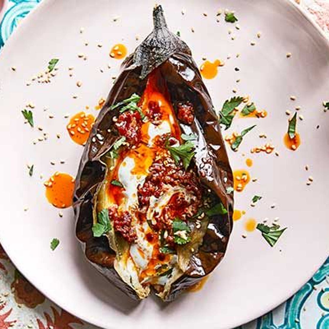 Roast aubergines with yogurt & harissa