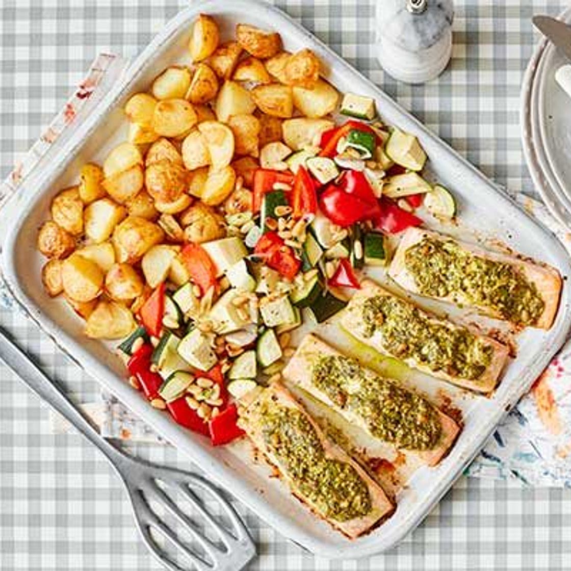 Salmon pesto traybake with baby roast potatoes