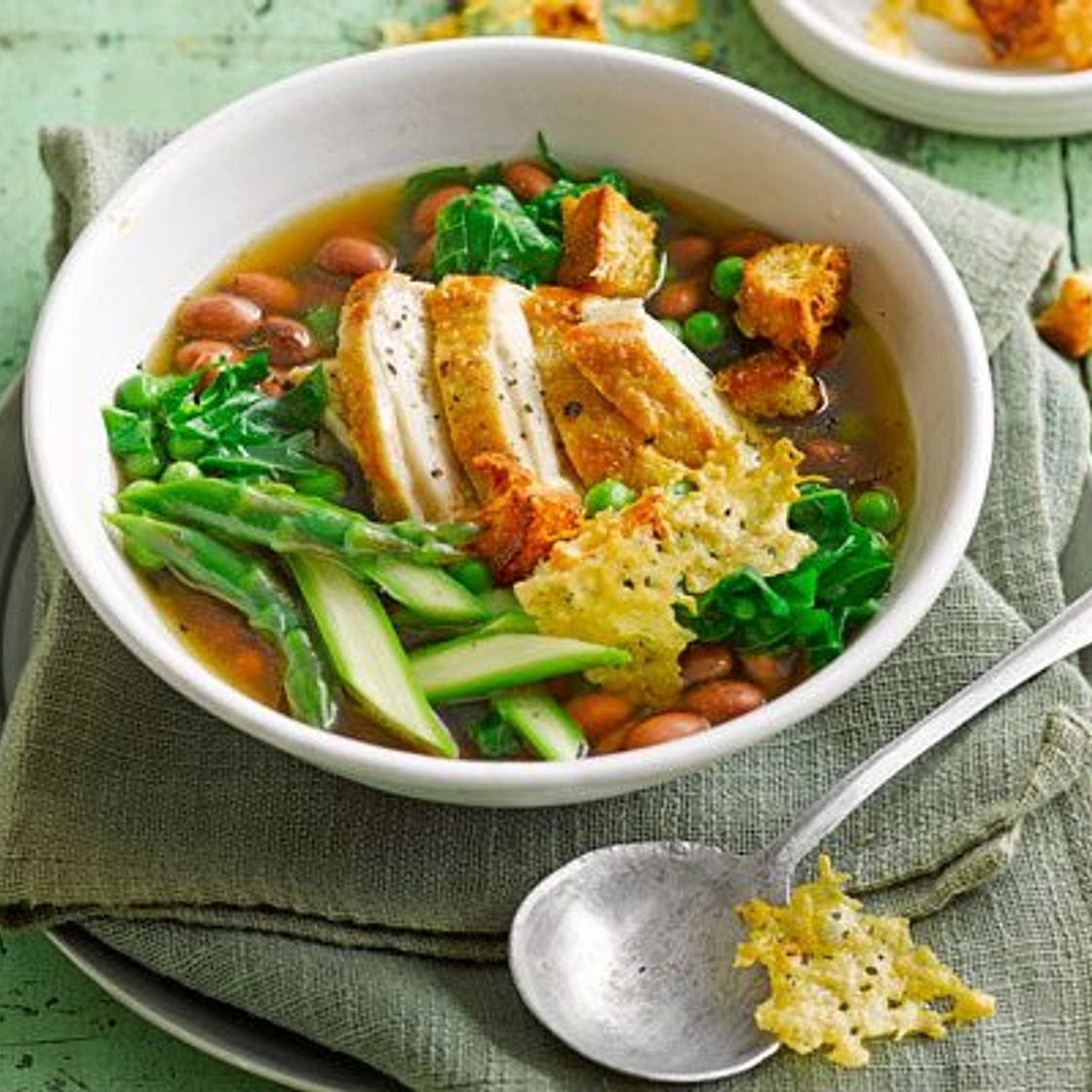 Spring vegetable broth with shredded chicken