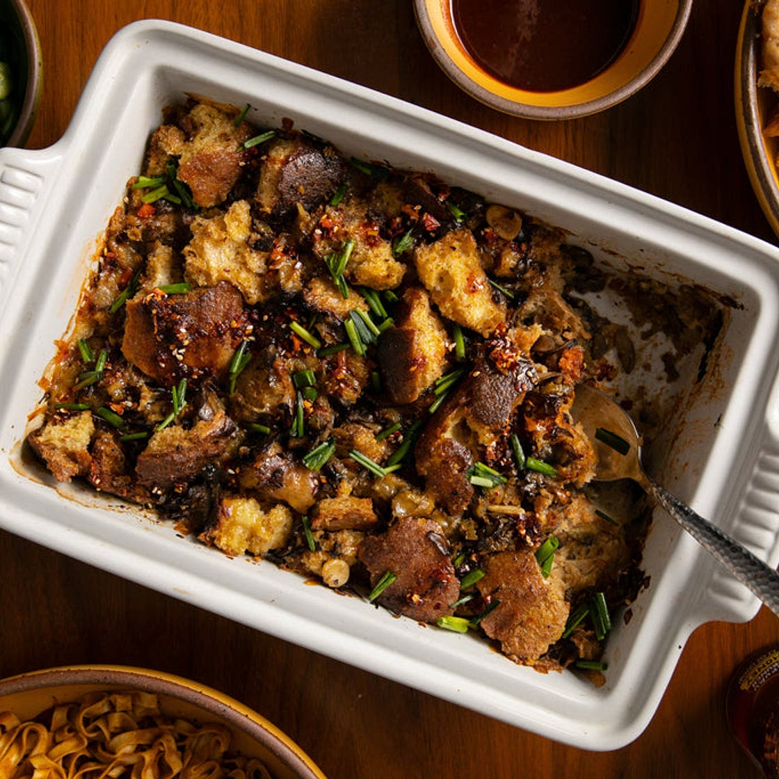 Cheesy Black Truffle Chili Crunch Stuffing with Mushrooms