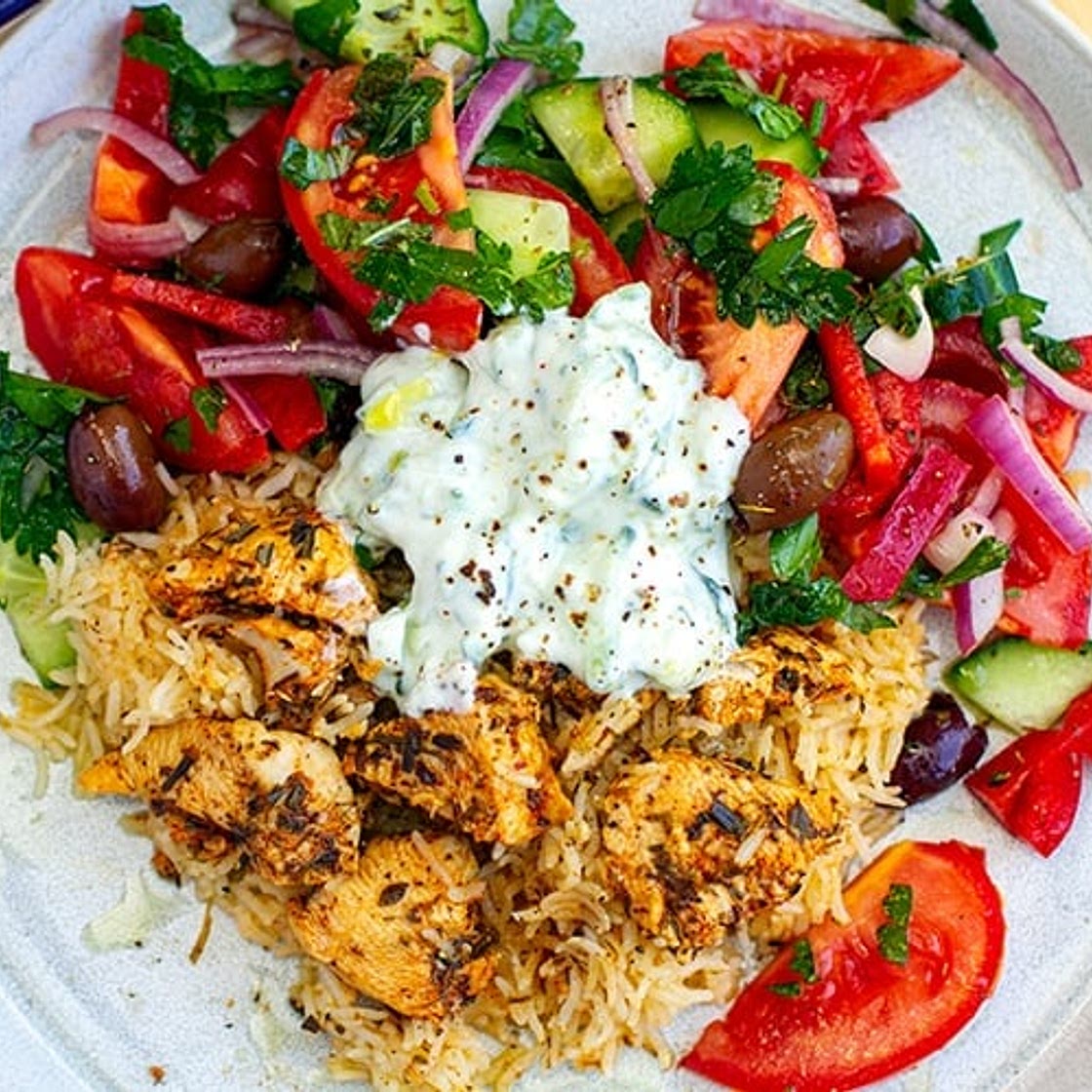 Instant Pot Chicken Souvlaki Rice With Greek Salad & Tzatziki