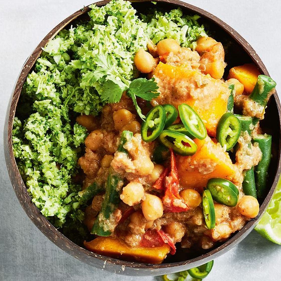 Coconut chickpea curry with broccoli rice
