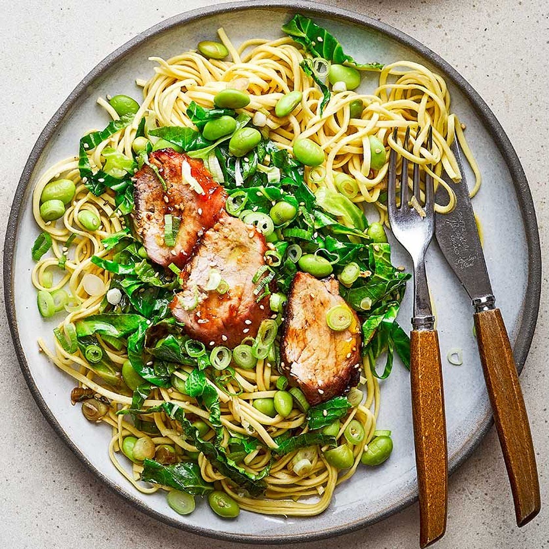 Sticky hoisin pork fillet with sesame greens & noodles