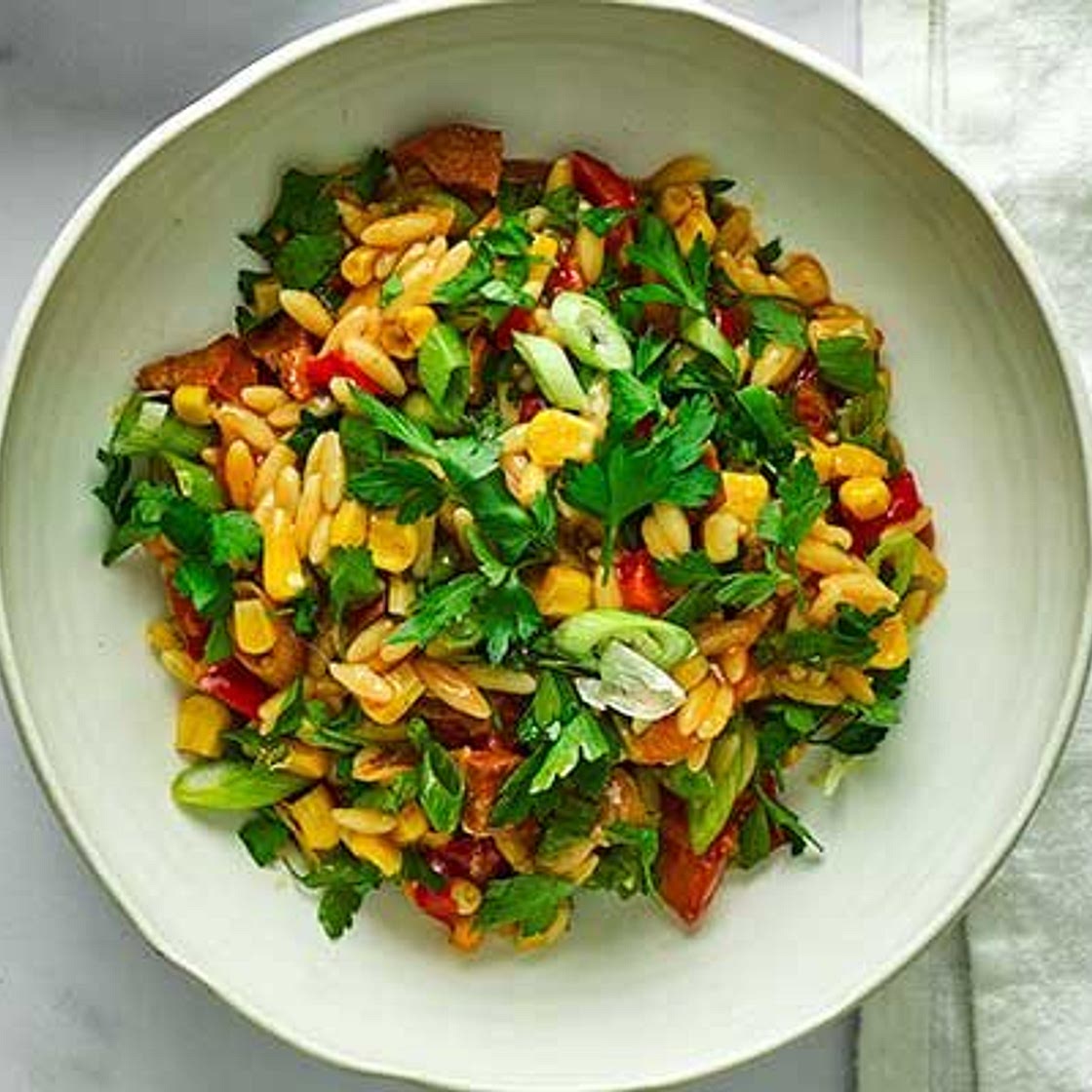 Chorizo, orzo & sweetcorn summer stew