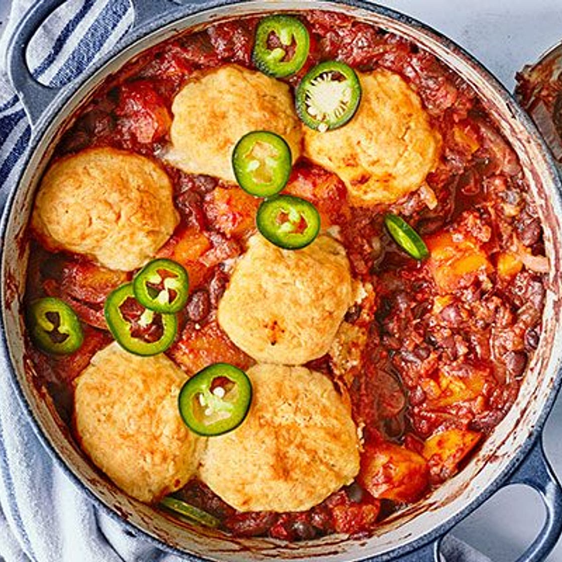 Chipotle sweet potato & black bean stew with cheddar dumplings