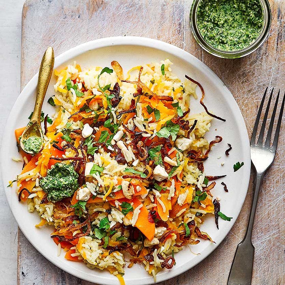Carrot pilaf with coriander chutney
