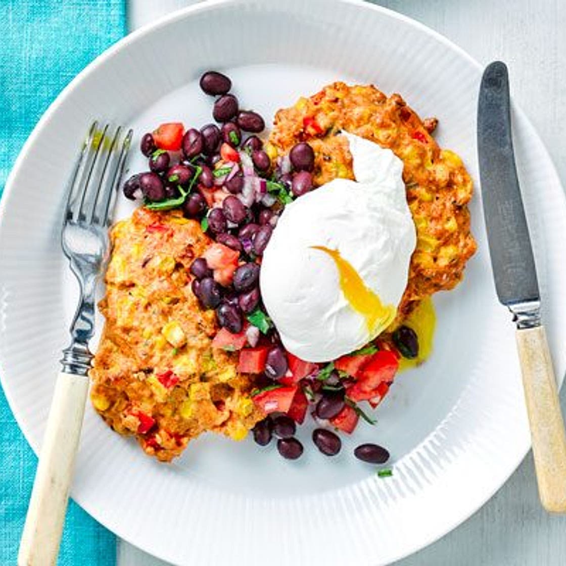 Sweetcorn fritters with eggs & black bean salsa
