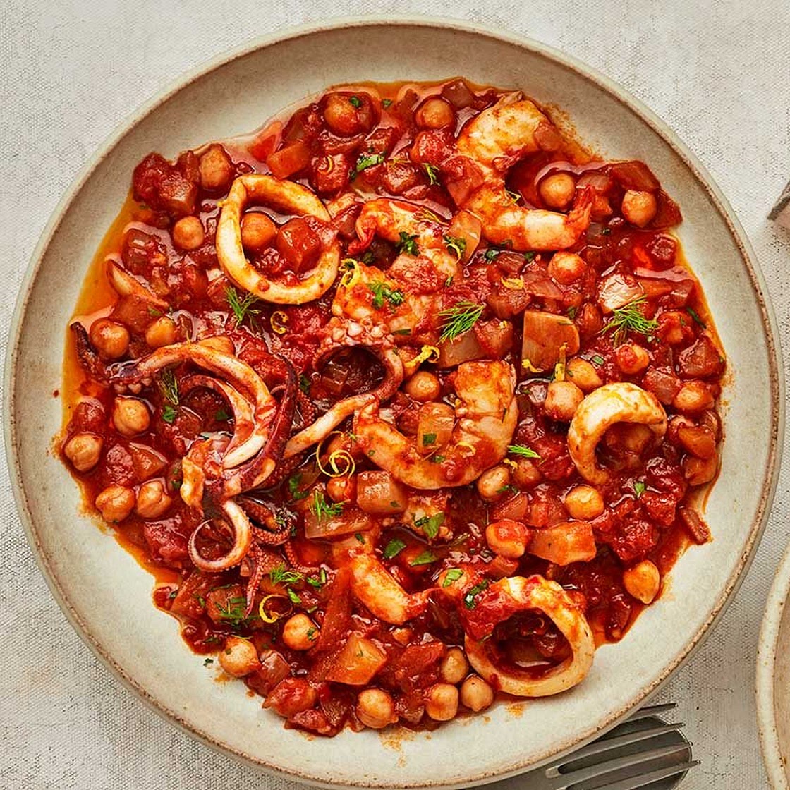 Squid, prawn & chickpea nduja stew