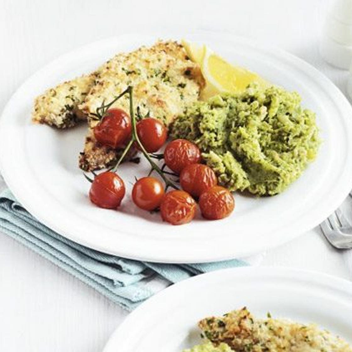 Lemony crumbed turkey with broccoli-bean smash