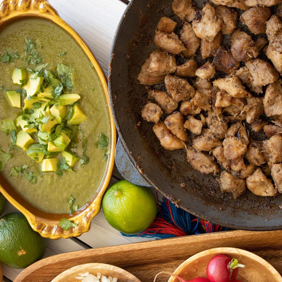 Carnitas Tacos with Tomatillo Sauce and Avocado