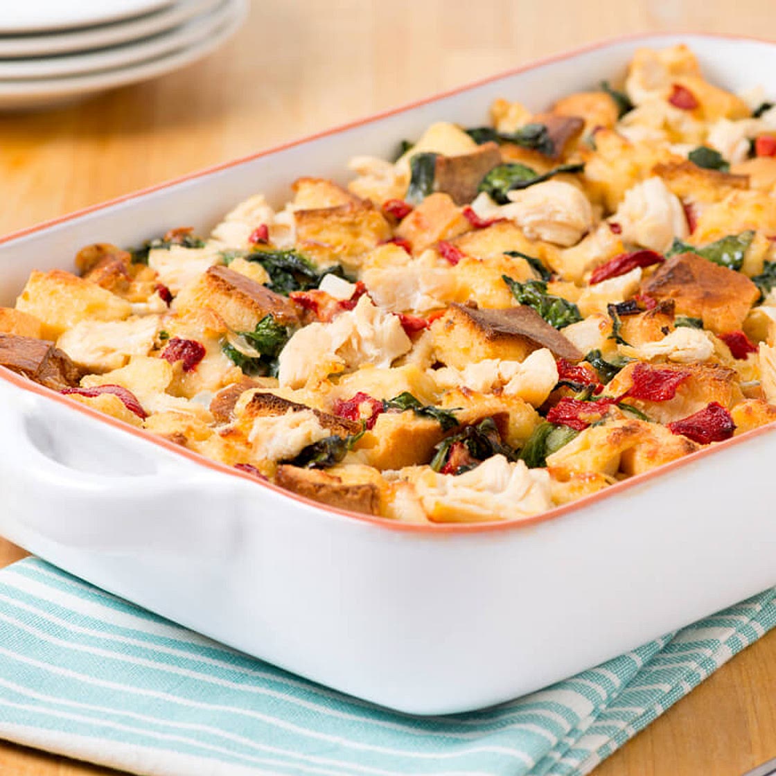 Brunch Bake with Artichokes, Chicken and Roasted Red Peppers