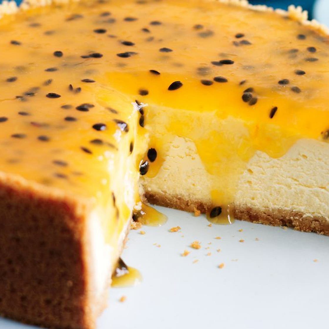 Baked cheesecake with passionfruit topping