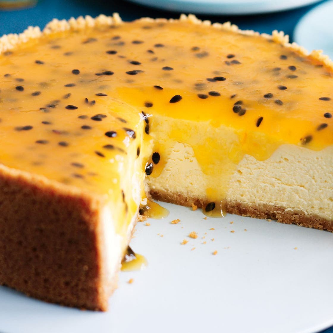 Baked cheesecake with passionfruit topping