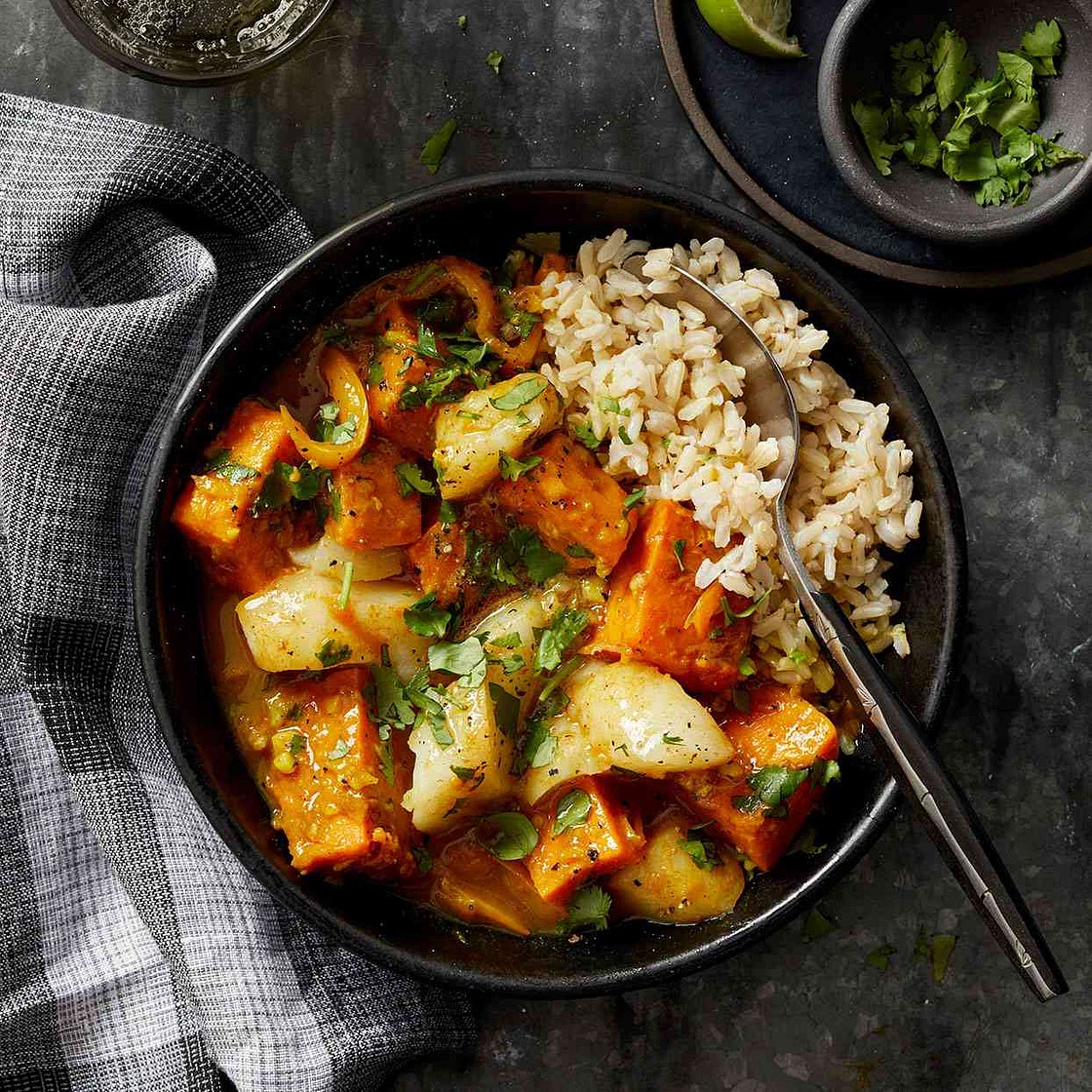 Coconut-Curry Cod Stew with Sweet Potato & Rice