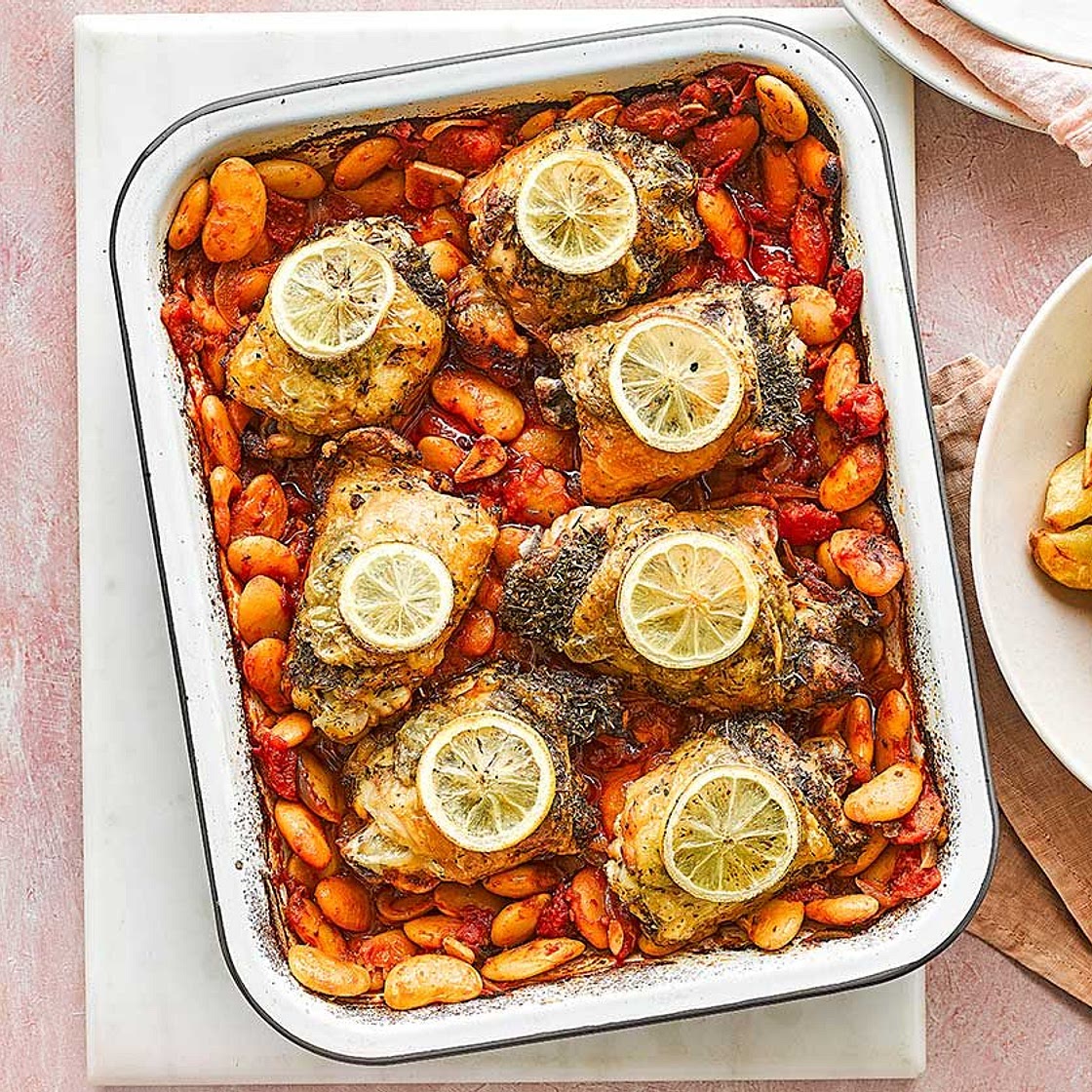 Lemon & herb chicken traybake with butter beans & potato wedges