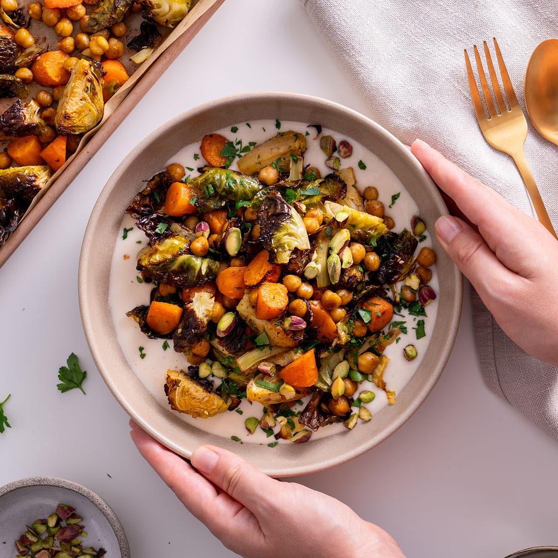 Sweet and Spicy Roasted Veggies on a White Bean Spread