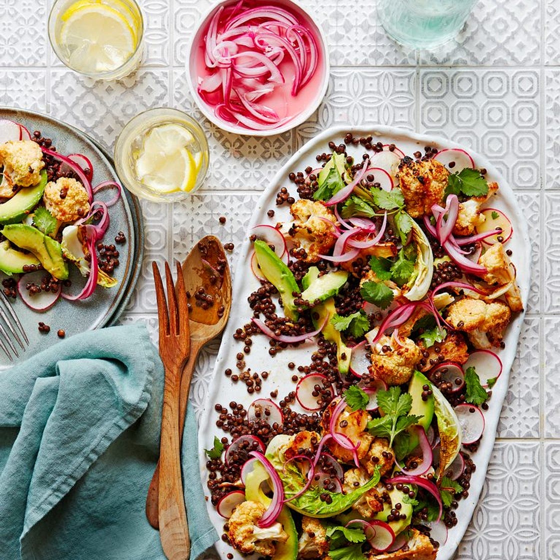 Miso roasted cauliflower, avocado and lentil salad