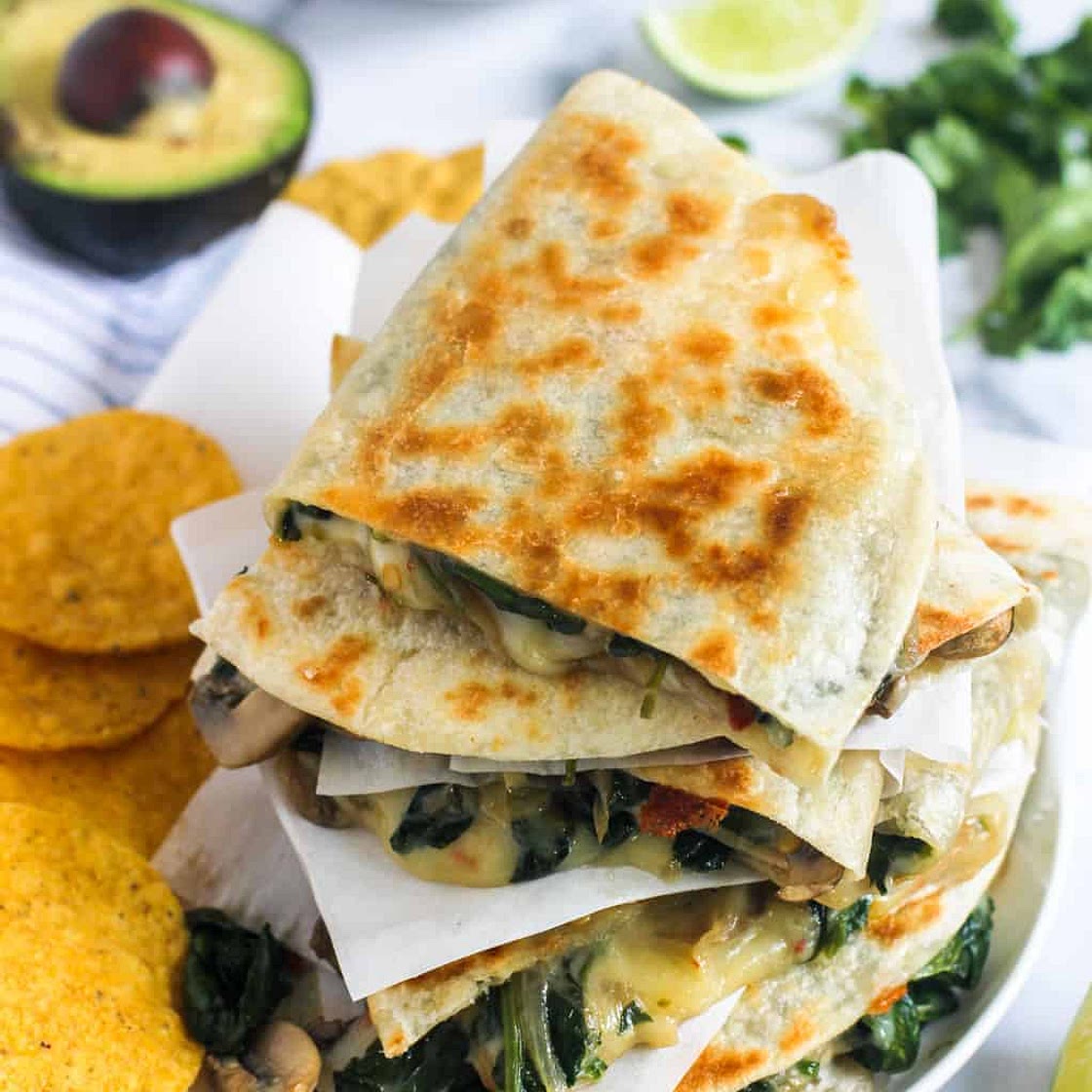 Crispy Spinach, Mushroom and Onion Quesadillas