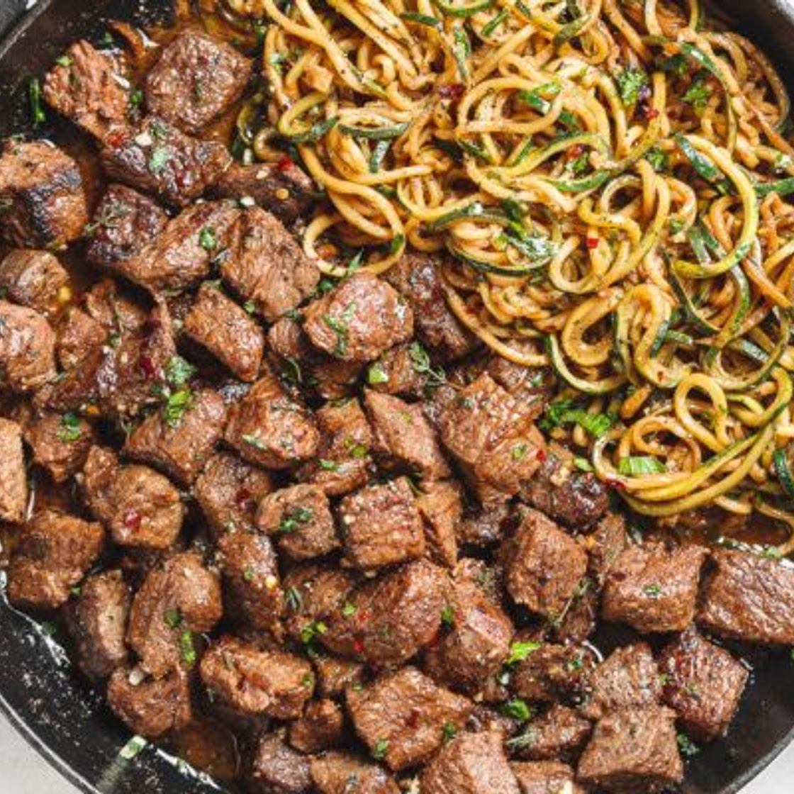 Garlic Butter Steak Bites with Lemon Zucchini Noodles