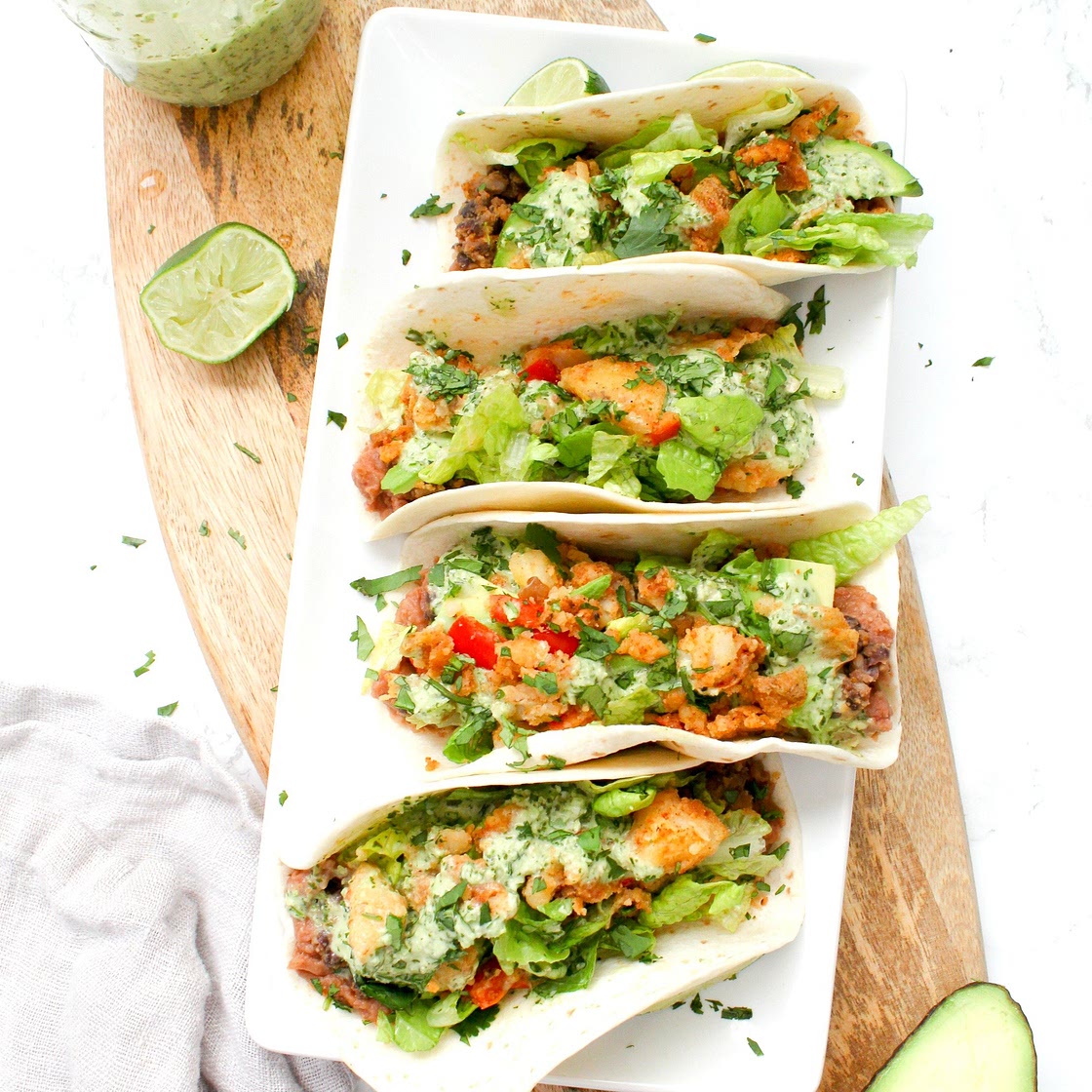 Crispy Vegan Potato Tacos with Jalapeño Cilantro Sauce