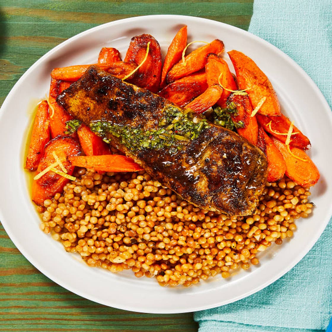 Chimichurri Barramundi with Lemony Carrots & Garlic Couscous