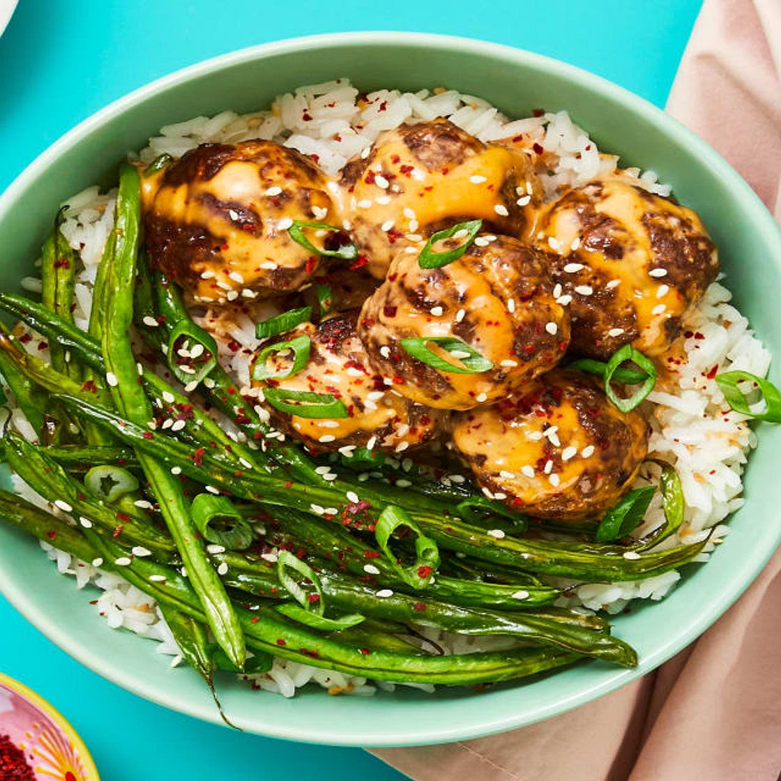 Firecracker Meatballs with Roasted Green Beans & Sesame Rice