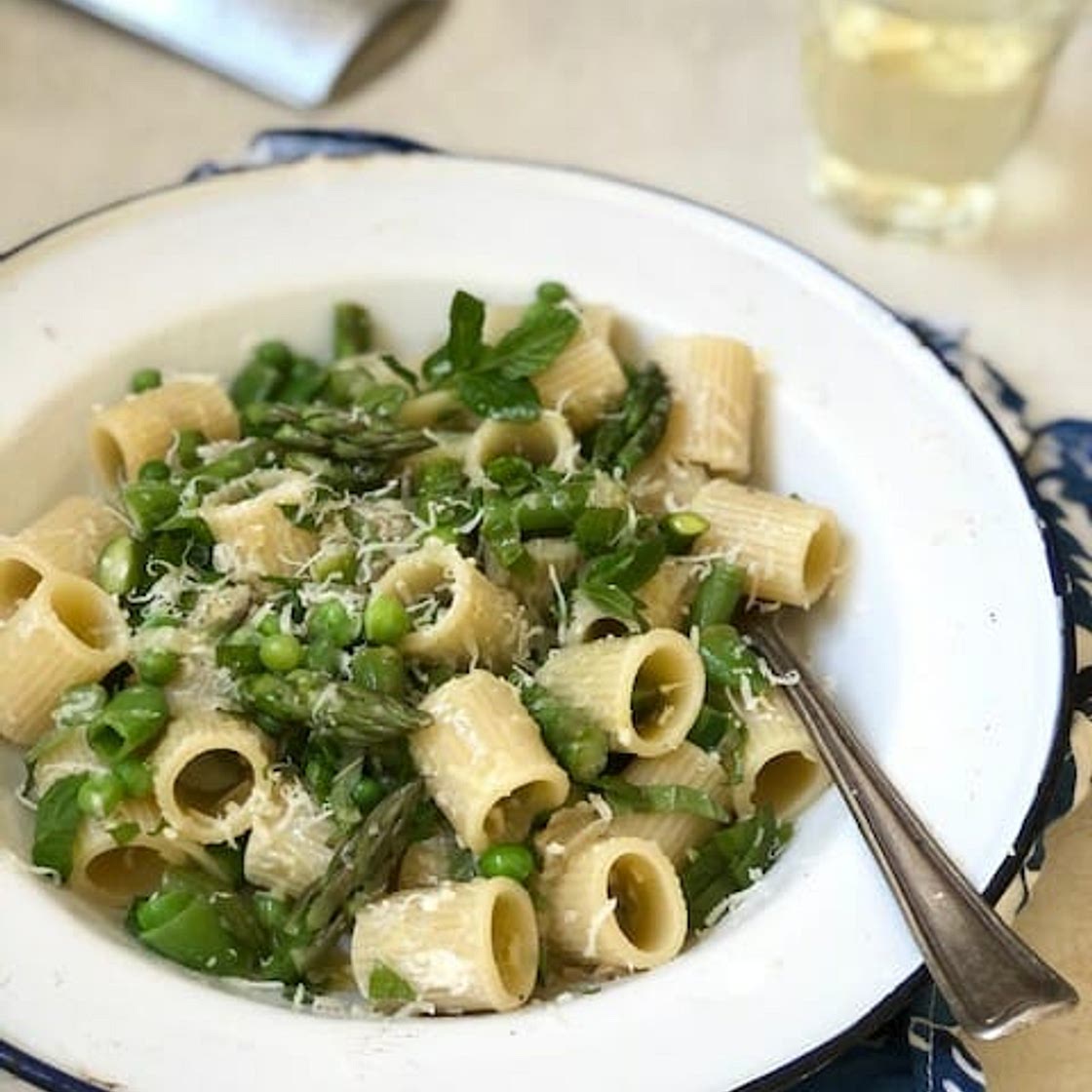 Pasta with Asparagus, Peas, Lemon, and Creme Fraiche