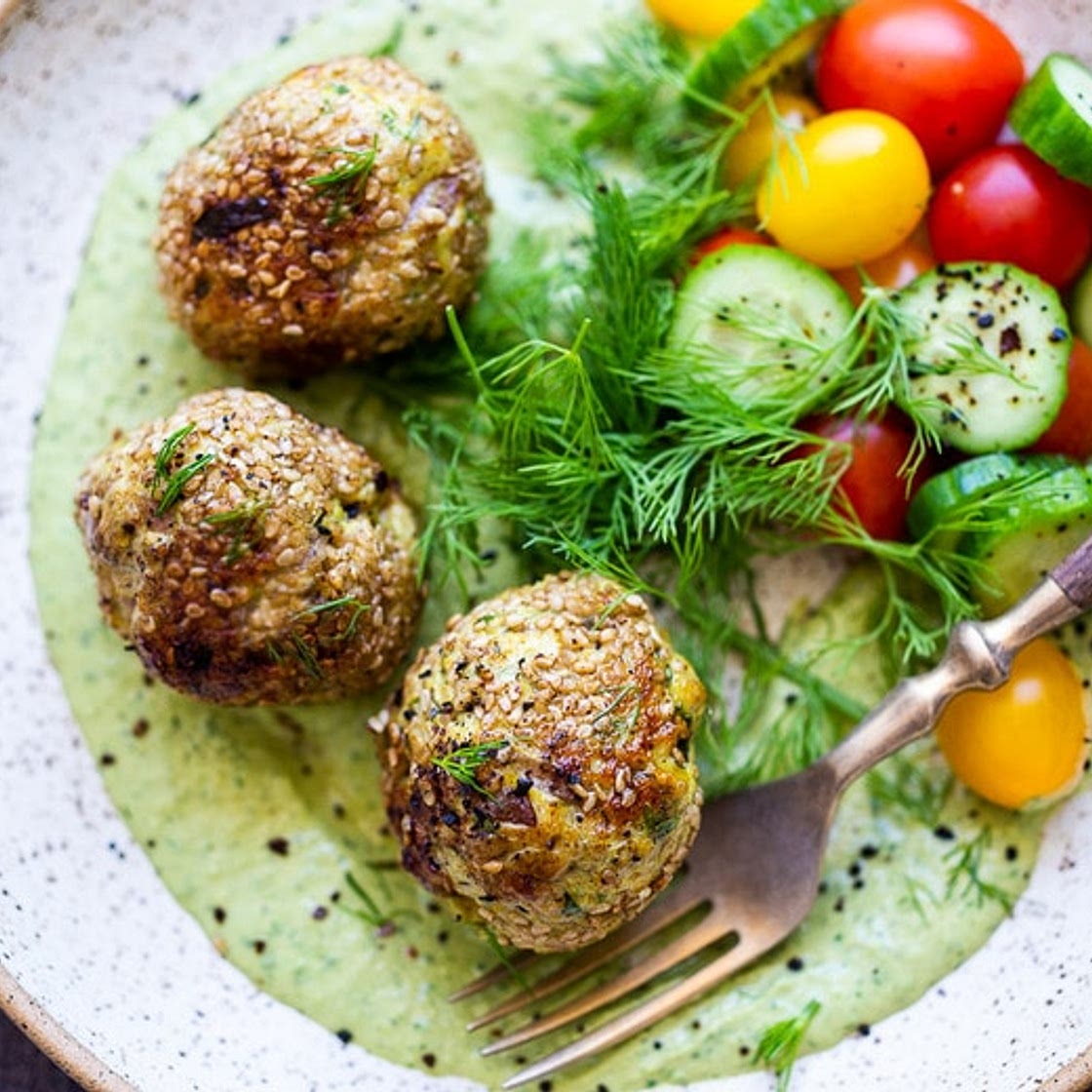 Zaatar Meatballs with Green Tahini Sauce