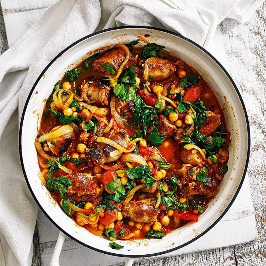 Quick sausage casserole with tomato and chickpeas