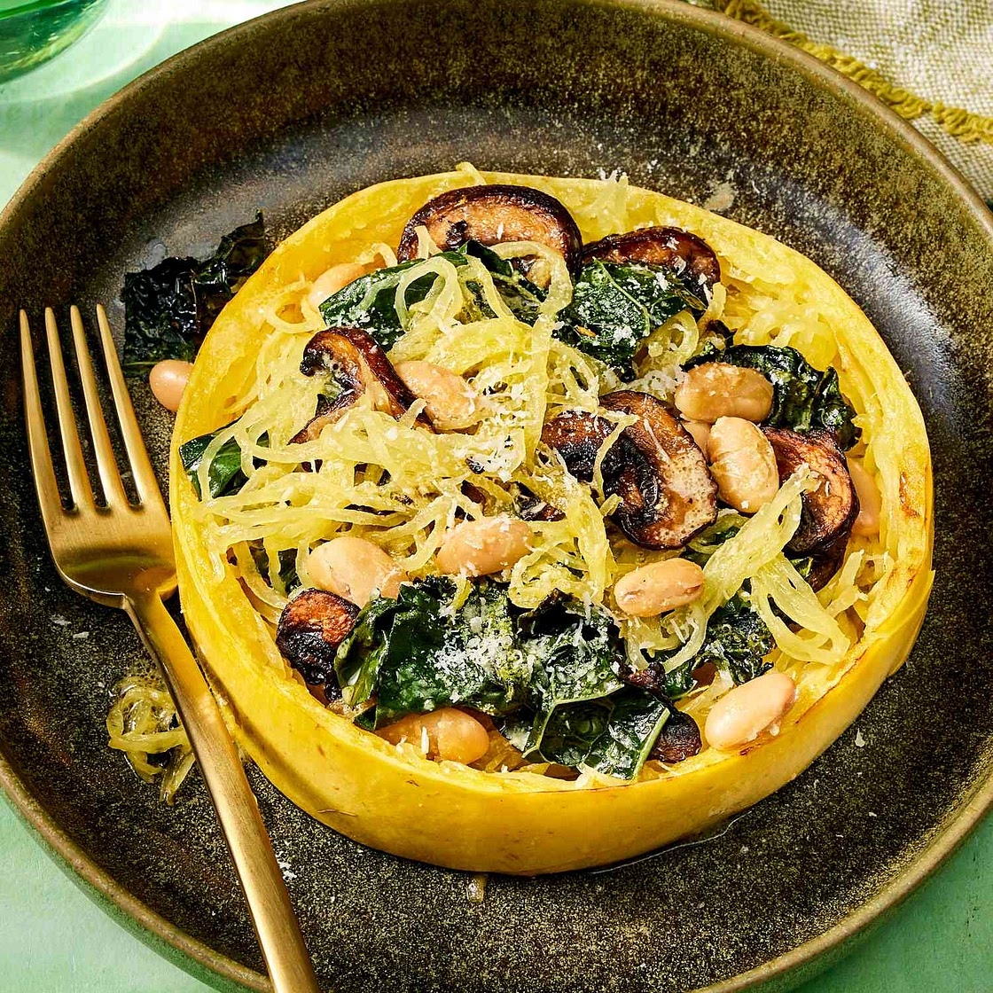 Spaghetti Squash Nests with Kale, White Beans & Mushrooms