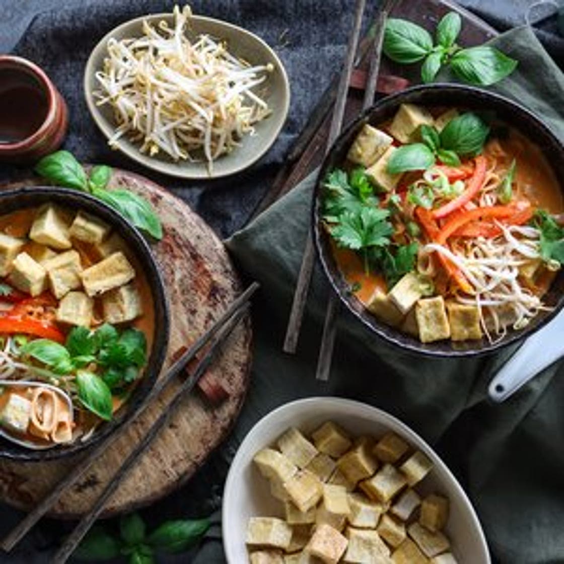 Thai Red Curry Noodle Soup with Crispy Tofu