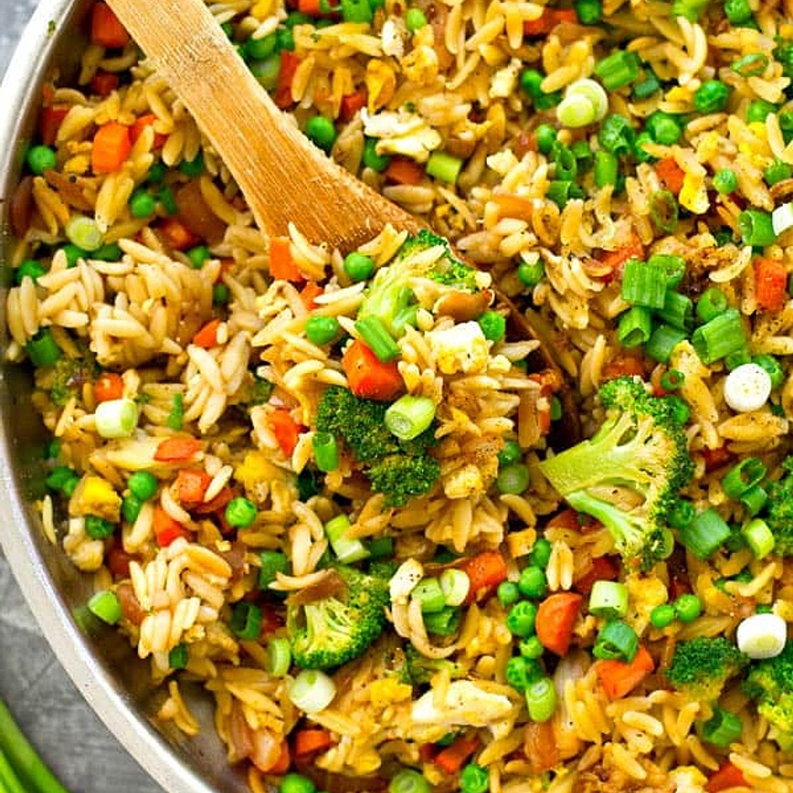 Rainbow Vegetarian Fried Orzo Skillet